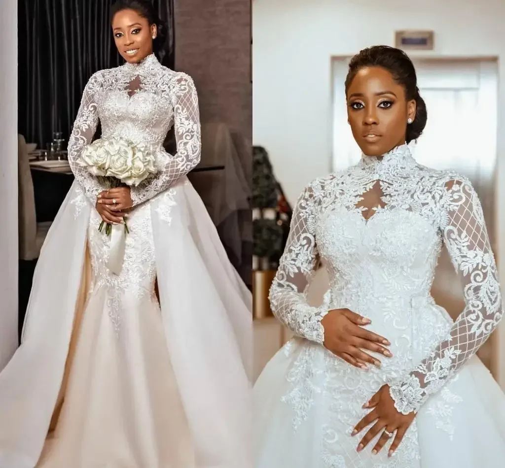 

Customized Custom High Neck Long Sleeves Lace Wedding Dresses Detachable Train Satin Bridal Gowns