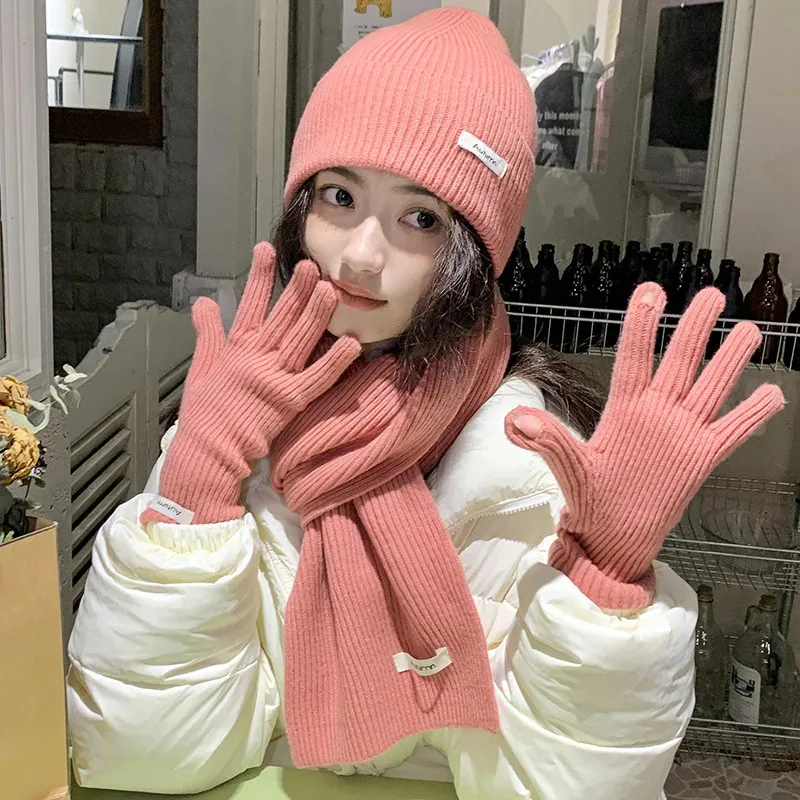 

Knit Neck Scarf Gloves Caps Three Piece Set For Women&Men Winter Thicken Warm Beanies Hats Outdoor Coldproof Hat Scarf Glove Set