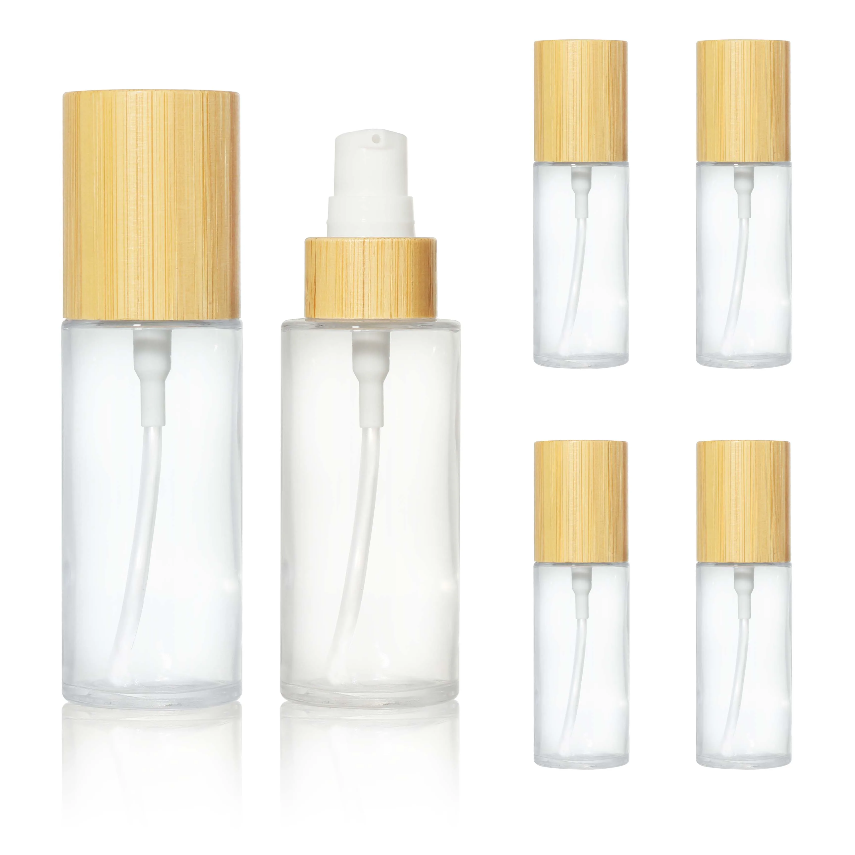 50ML Empty Bamboo Lids Clear Glass Bottle With Lotion Pump Dispenser Refillable Emulsion Cosmetic Cream Toiletries Container