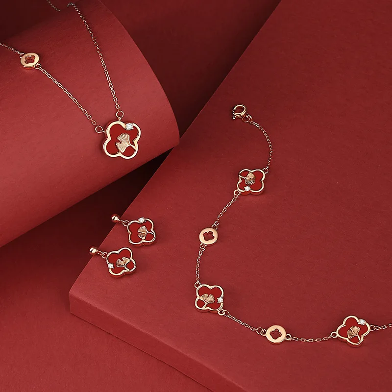 

plata 925 original red agate lucky stud earrings necklace set women's vintage design ginkgo biloba earrings 2025 Fashion New