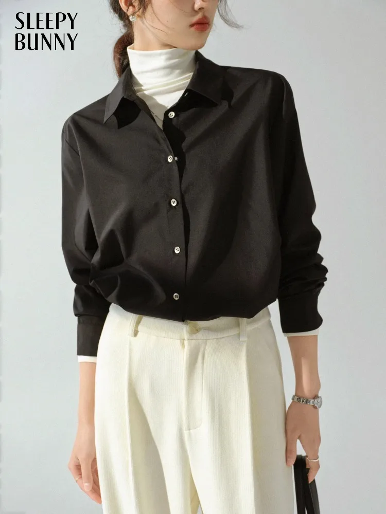 

Vintage Black Long Sleeve Shirt Women Loose Fit Lapel Blouse Elegant Minimalist Button Down Top Autumn Office and Layered Looks