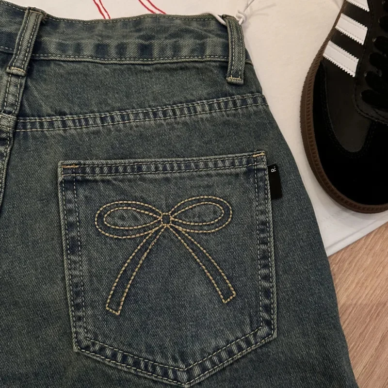 Frauen Bogen Gestickte Retro Denim Shorts Rüschen Streetwear Breite Bein Kurze Jeans Taste Hohe Taille Koreanische Kurze Plus Größe