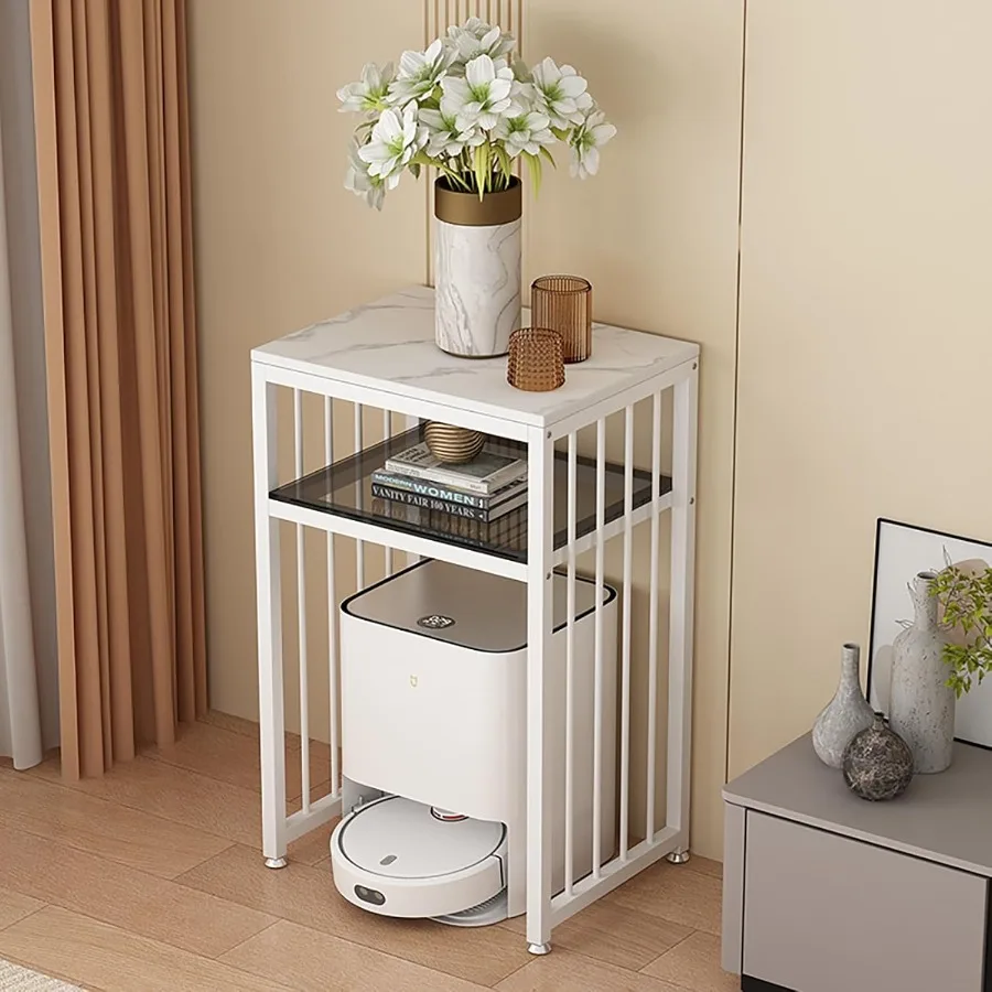 

3-Tier Metal Storage Rack for Robot Vacuum White Freestanding Cabinet with End Table Design Ideal for Living Room and Home Offi
