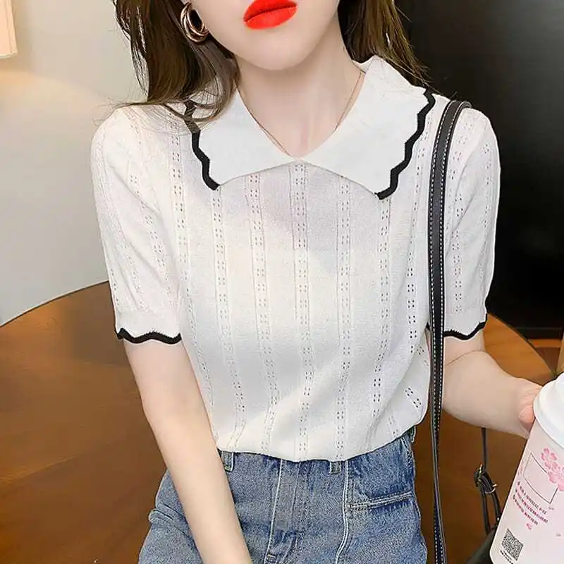 

Office Lady Polo Neck Short Sleeve T Shirts Women's Contrast Thin Hollow Out Slim Fashion Pullovers Top Casual Trend Clothing