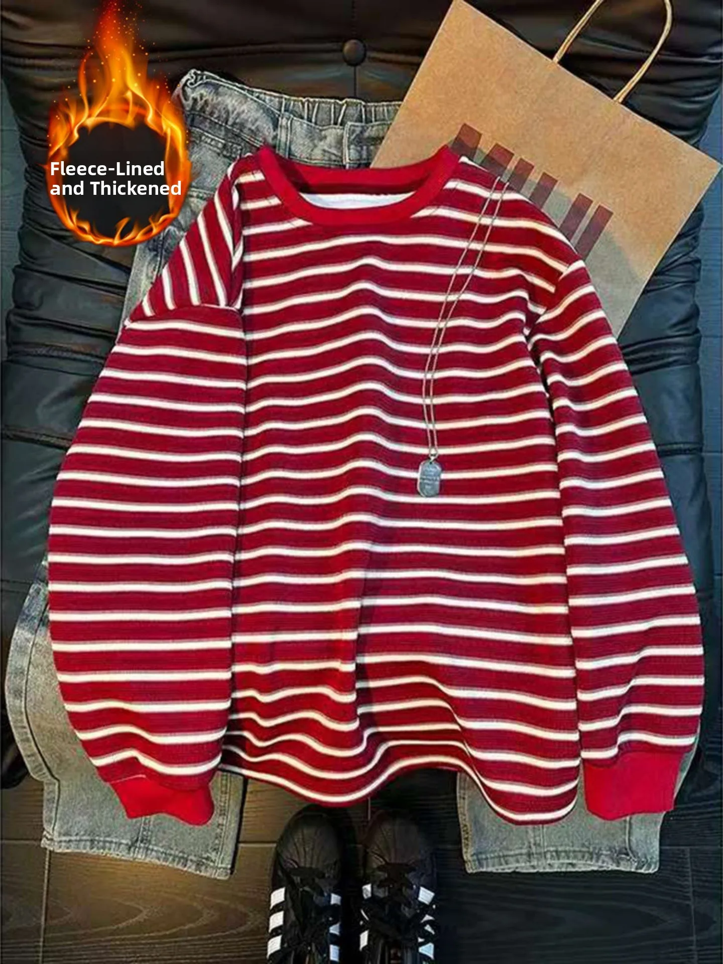 

Red Luy Year Striped Hoodie Men's Winter Thiened Fce Long Sve High-End Feeling Base irt Inner Wear Casual Streetwear