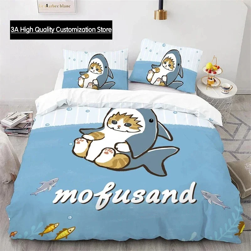 Cute Kitten Duvet Cover Pillow Case Mofusand Anime Shark Cat Bedding Set Single Double Queen Size Teen Gift Room Decor 3PCS set