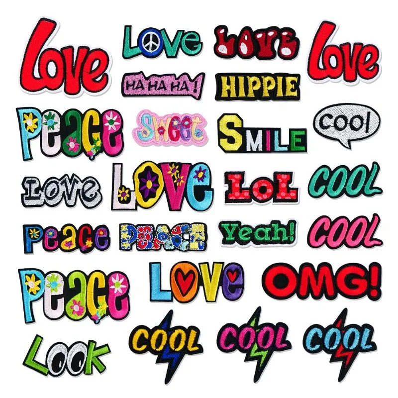 

50pcs/Lot Luxury Embroidery Patch Love Peace Cool Fun Letter Shirt Bag Clothing Decoration Accessory Craft Diy Applique