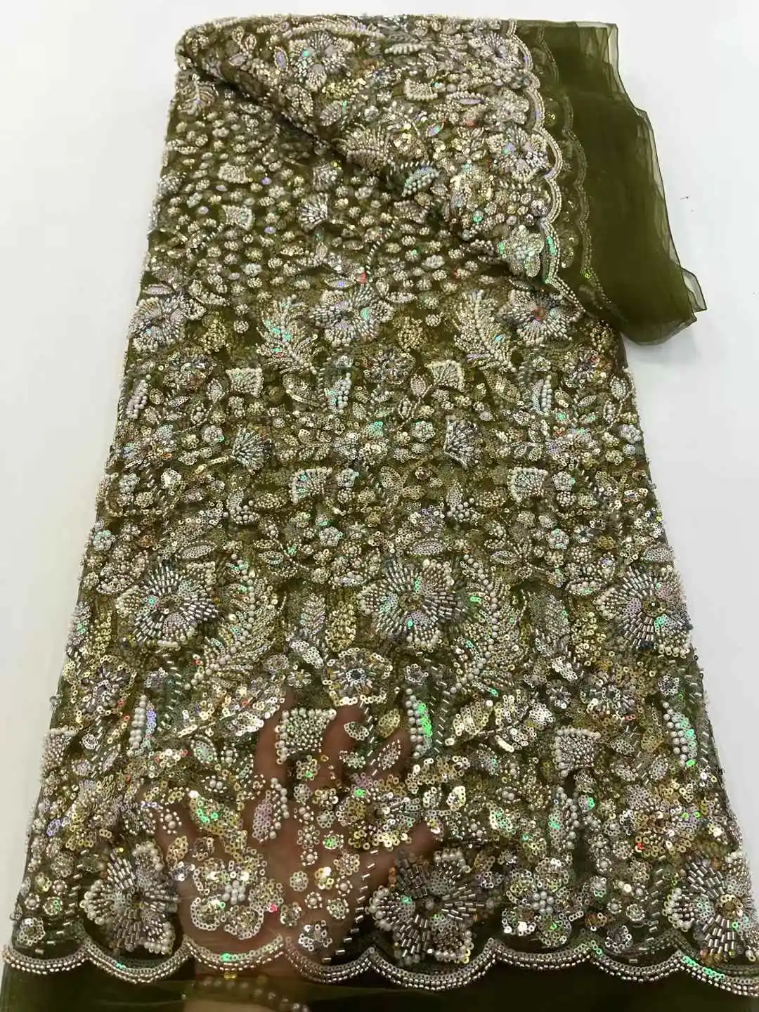 

African Heavy Bead Lace Fabric 5 Yards High Quality Nigerian Sequins French Tulle for Wedding Party Material 2025 sewing