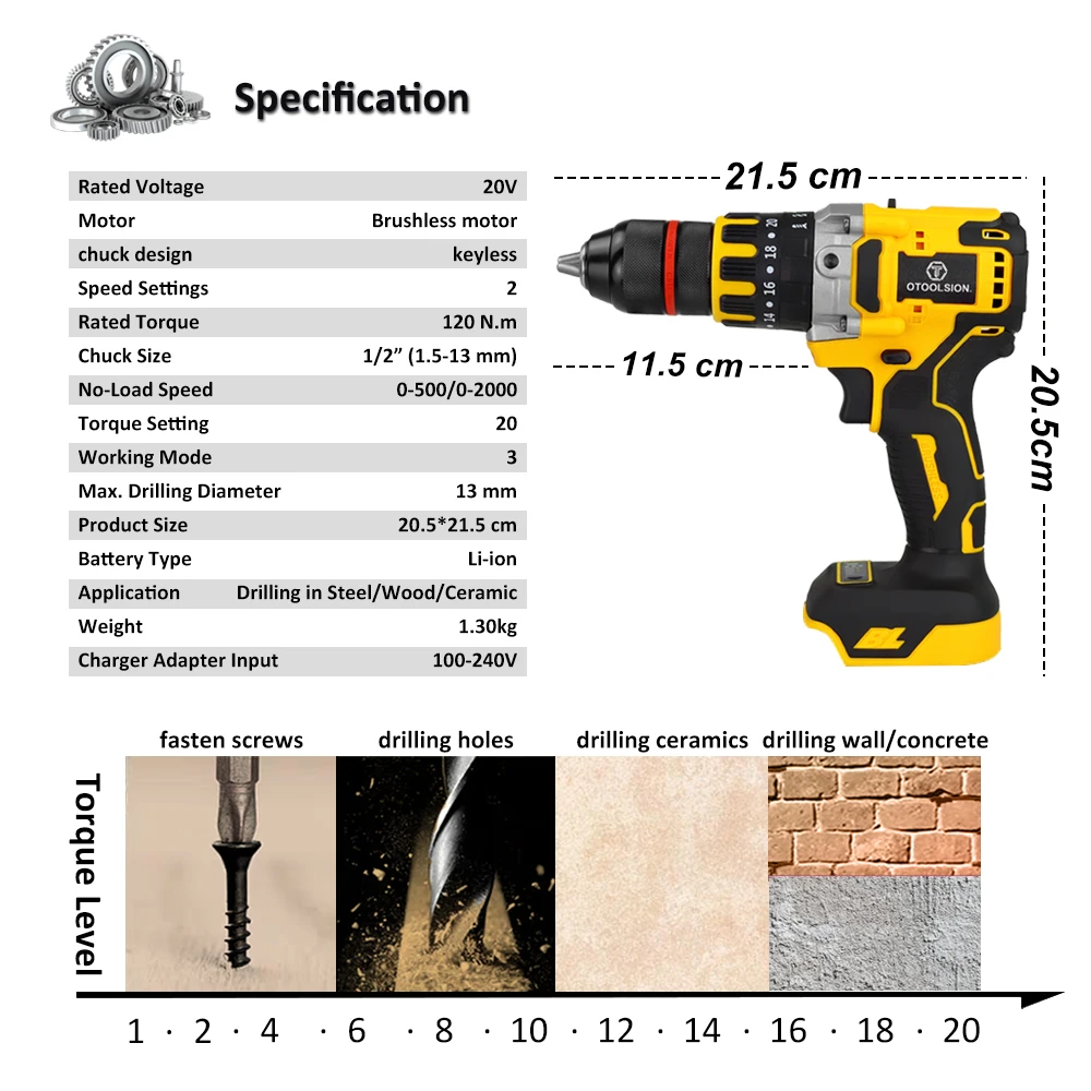 13mm Brushless Electric Drill Electric Screwdriver Cordless Impact Drill with High Torque Compatible with MT Series 18V Battery