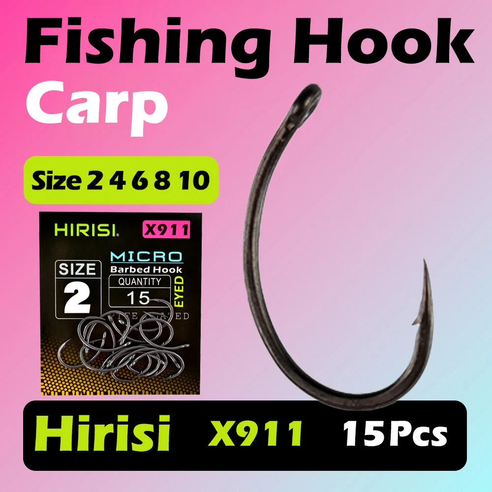 Hirisi X911 15 Stück Mikro-Widerhaken PTFE-beschichtete Hochkarbon-Stahl Karpfenhaken mit Öse Karpfenhaar-Rig Chod-Rig Angelzubehör
