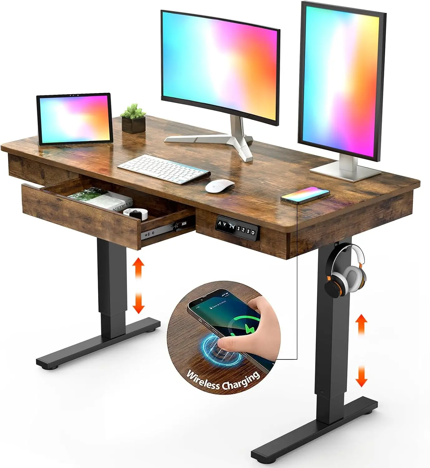 Electric Standing Desk with Drawer,48 x 24 Inches Standing Desk Adjustable Height Desk with 12W Wireless Charging,One-Piece Wood