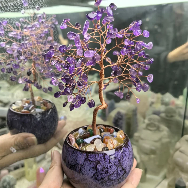 1set Crystal Crushed Stone Amethyst Handmade Crystal Crafts Tree of Life Indoor Decorative Stones for Home Decor Desktop Ornamen