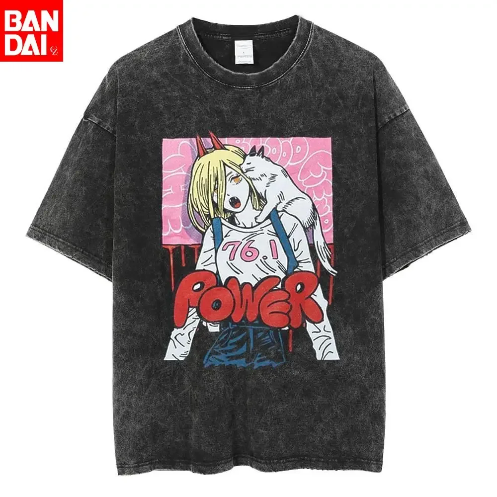 Chainsaw Man Power Anime T Shirt 2026 Summer Vintage Washed Unisex Loose Fit Short Sleeve Pink Graffiti Streetwear Graphic Tee