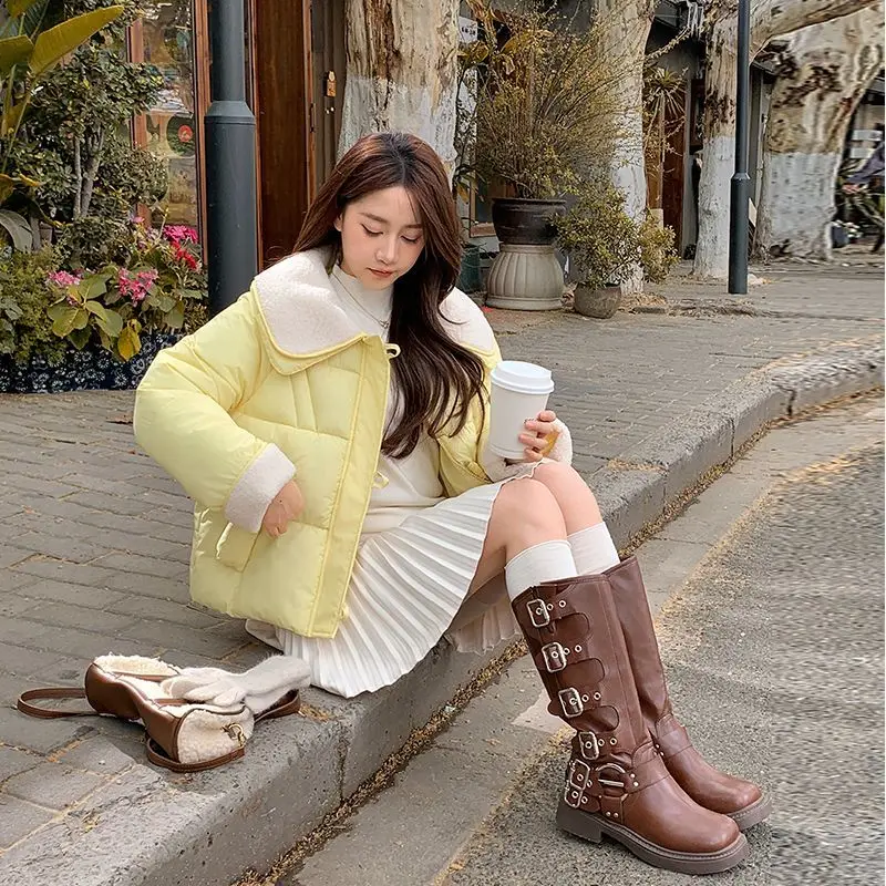 Yellow women's new down cotton-padded short coat student age-reducing short Jacket 2025 winter Female loose Lady lapel Overwear