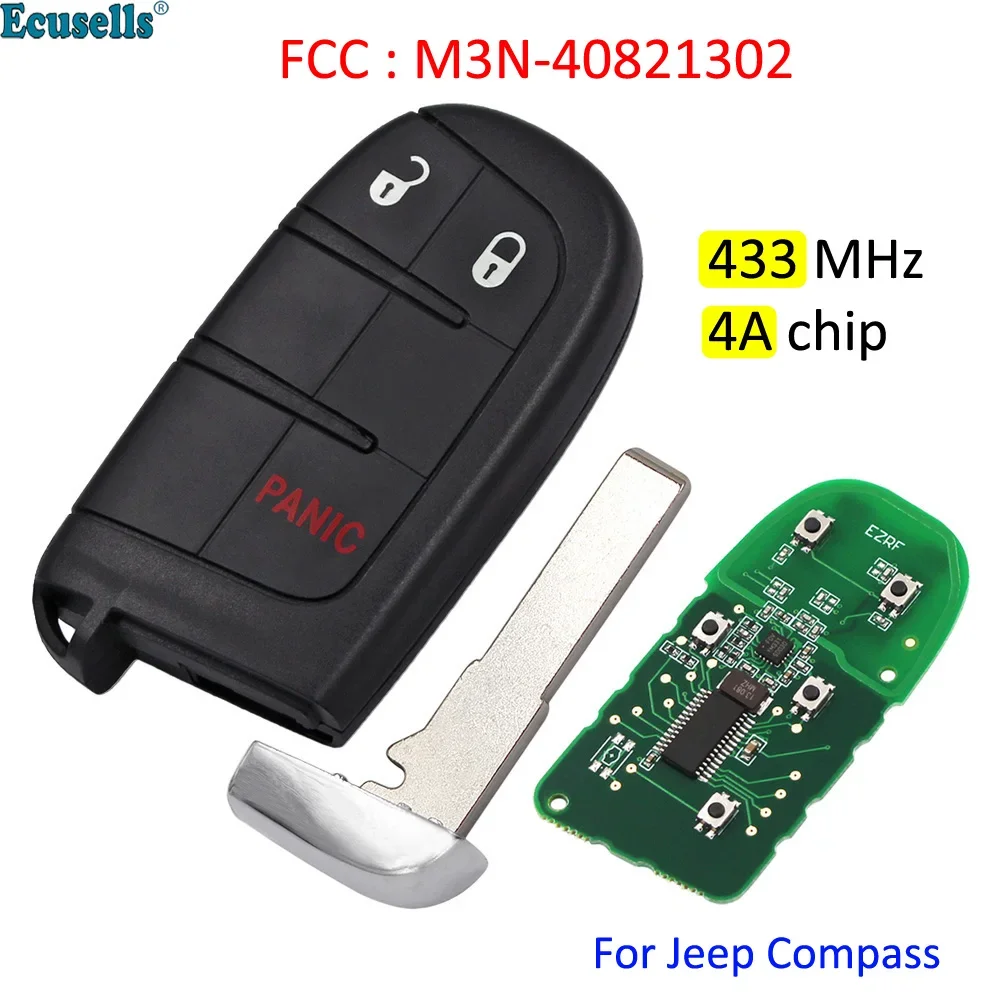 

2+1/3 Button Smart Prox Remote Key Fob 433MHz 4A Chip for Jeep Compass 2015 2016 2017 2018 2019 2020 2021 FCC : M3N-40821302