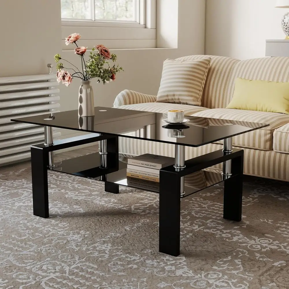 

Modern Tempered Glass Coffee Table with Metal Frame, 2-Tier Storage, Suitable for Small Spaces