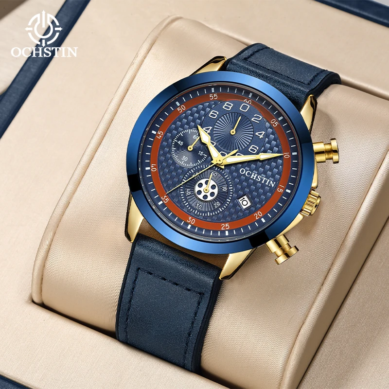 OCHSTIN رجل كوارتز حركة ساعات رجالية حزام مطاطي مقاوم للماء ساعة اليد الملاح سلسلة فاخرة مضيئة الأيدي على مدار الساعة