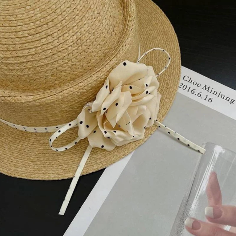 New Spring Summer Women's Straw Woven Sun Hat Polka Dot Flower Vacation Beach Hat Facial Contouring Wearing Matching Accessories