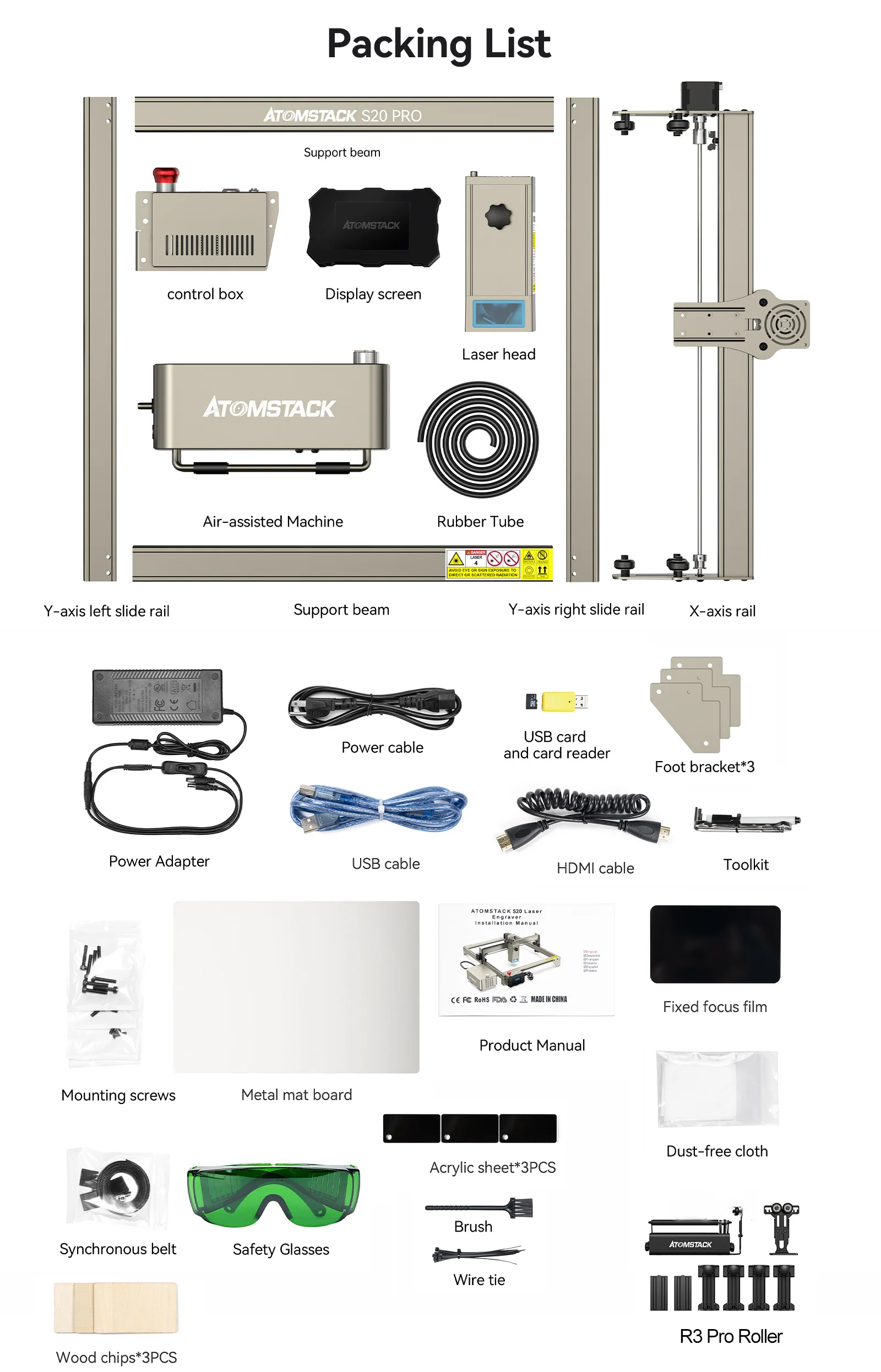 AtomStack S20 A20 X20 Pro CNC 130W Laser Engraver Machine 410*400mm Offline Engraving Stainless steel Acrylic Wood DIY Marking