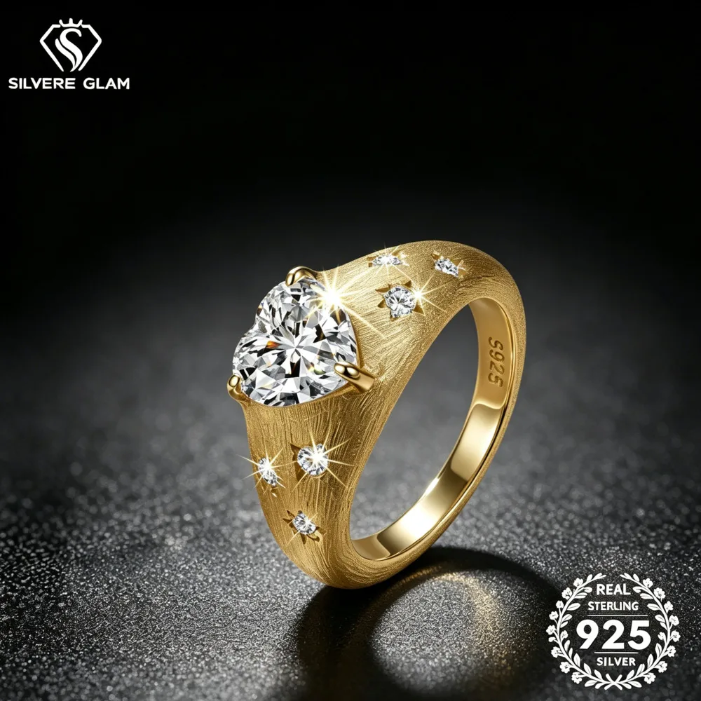 925 Sterling Silver 2CT Heart Cut Moissanite Ring D VVS1 Star Accent Textured Wide Band Vintage Statement Fine Jewelry For Women