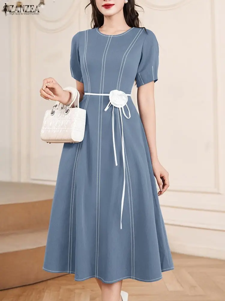 ZANZEA Elegant Women Fabric Flower Midi Dresses Casual O-Neck Short Puff Sleeve Fitted Waist Contrast-Stitch Classy A-Line Dress