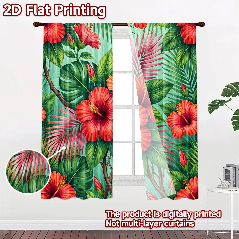 Tropical Hibiscus Floral Printed Curtains 2pcs Botanical Jungle Leaf Curtains Window Drapes Panel Modern Waterproof Living Room