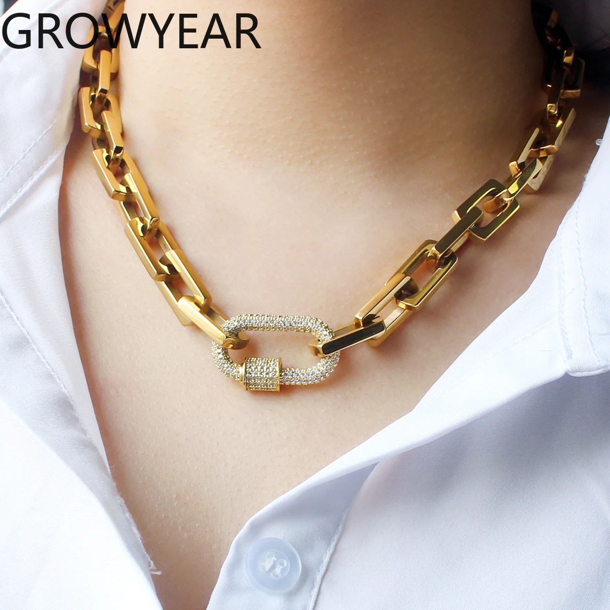 INS Fashion Chunky Chain Zircon Pendant Minimalist Necklace 18K Gold Silver Plated Paperclip Chain Carabiner Lock Necklace