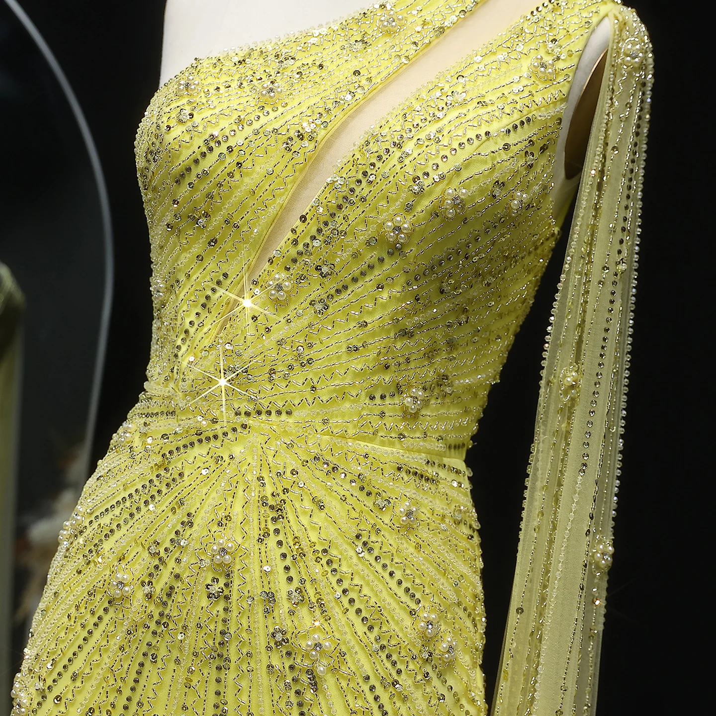 Sharon Said Elegant One Shoulder Beaded Mermaid Black Evening Gown with Flowing Cape Yellow Formal Party Dress SS317 Customized image 6