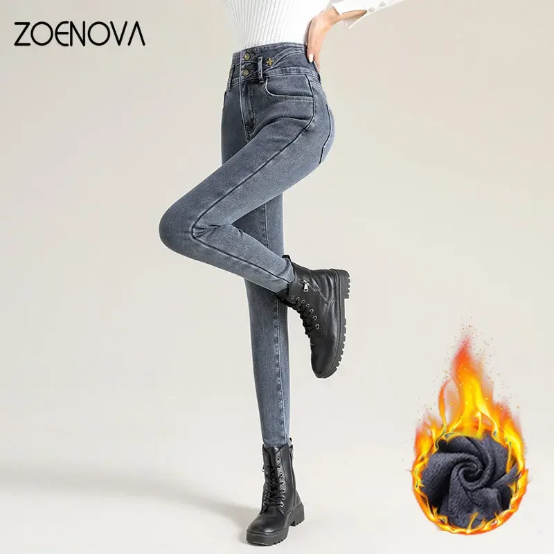 ZOENOVA Fleece Women Casual Thick Pencil Slim Jeans Pant Basic Denim Trouser High Waist Hip Lift Christmas Warm Jean Y2K Fashion