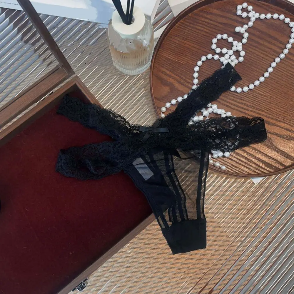 

Breathable Low Waist Lace Mesh Thongs Cotton Crotch Sweet Lace Strap Panties Bowknot Underpants See Through Briefs Daily