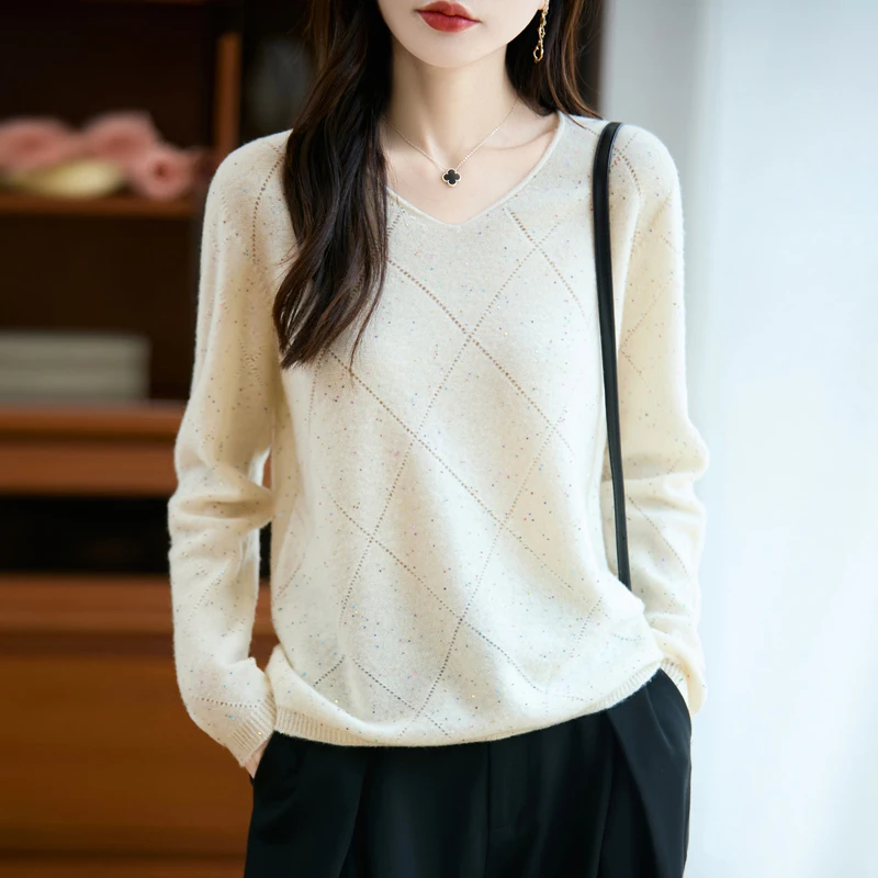 

Мягкий свитер из 100% мериносовой шерсти для зимы, пуловер, женский трикотаж с v-образным вырезом и длинными рукавами, базовая элегантная теплая одежда, топы