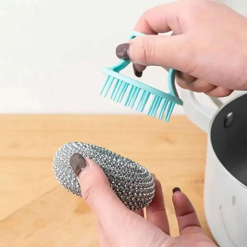 Cleaning Ball Brush Detachable Stainless Steel Cleaning Brush Pot, Dish & Dish Brush Kitchen Cleaning Tools Random Colour view 4