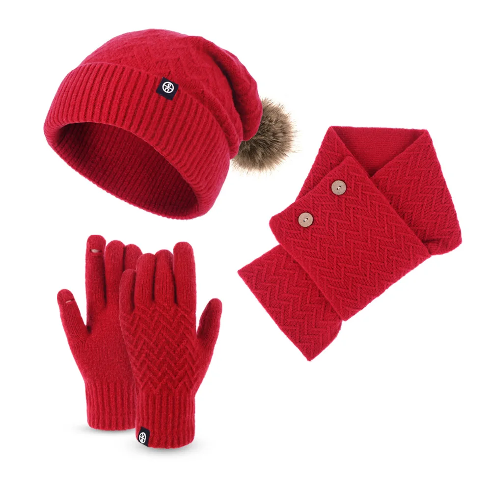 Gorro de malha com lenço longo pompom para homens e mulheres, chapéu quente, luvas touch screen, tampas de caveira, lenços no pescoço, inverno