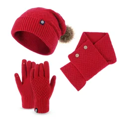 Women Winter Knit Warm Hat Beanie with Pompom Long Scarf Touch Screen Gloves Set Skull Caps Neck Scarves for Women Men