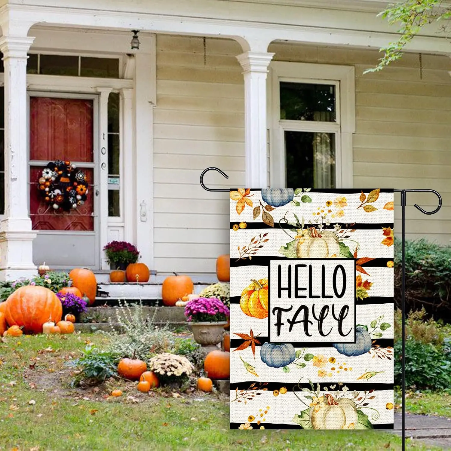 Hello Fall Pumpkin Garden Flag Watercolor Stripes Thanksgiving 12x18 Inch Double Sided Flags Seasonal Holiday Outdoor Autumn SSL