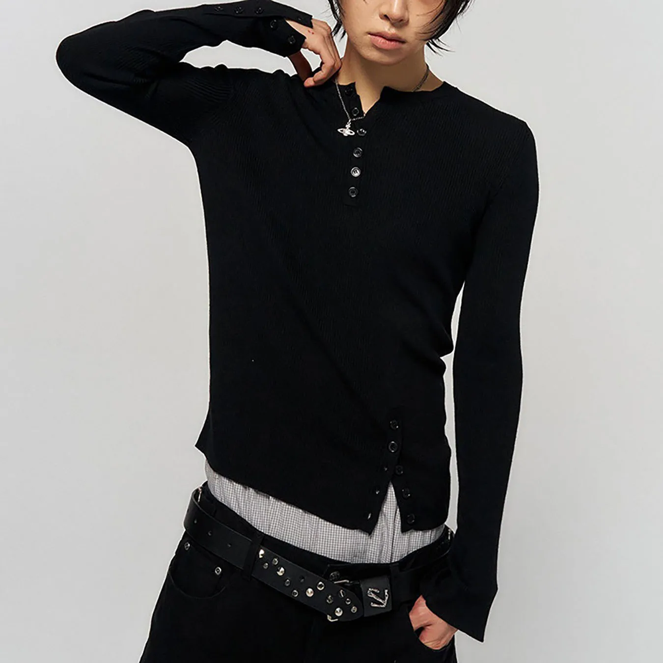 Autumn and winter Y2k2000s single breasted long sleeved side opening strip slimming men's and women's T-shirt top
