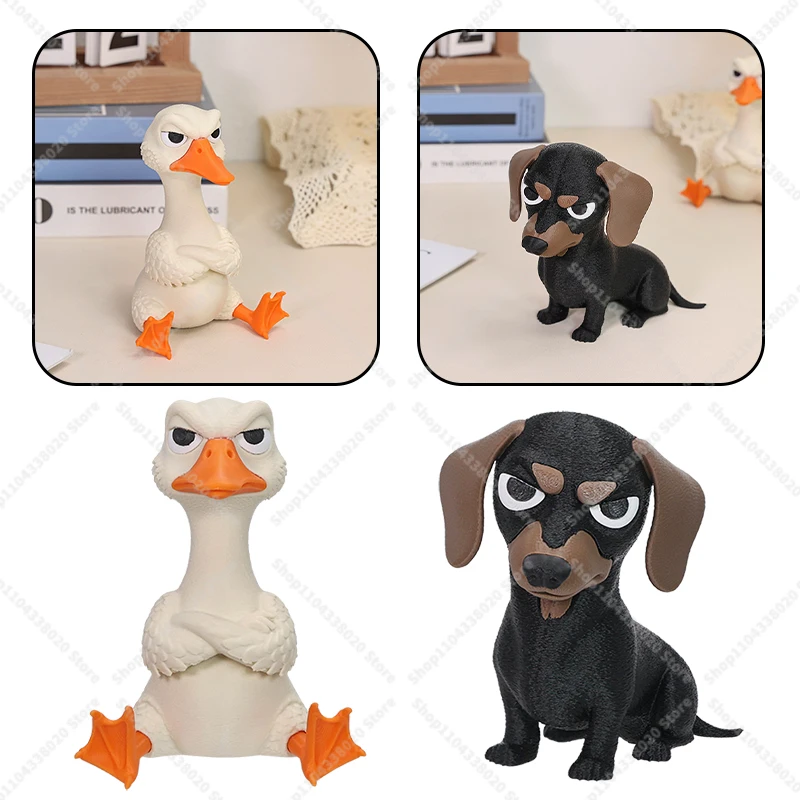 Grumpy Animal Goose/Dachshund Figurine - Angry Duck Desk Decor, Funny Lazy Dog Ornament, Quirky Gift