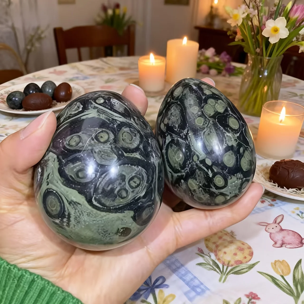 High‑Quality Natural Crystal Craft, Kambaba Jasper Egg‑Shaped Ornament, Home Decoration, Easter Egg, Holiday Gift for Family