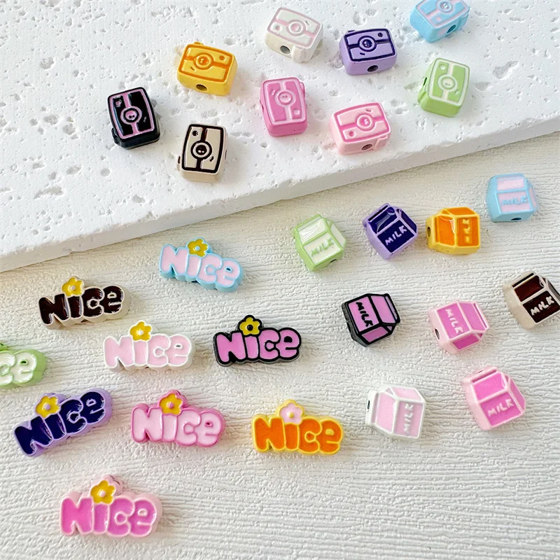 10Pcs Colored Letter Nice Camera Milk Box Baked Paint Alloy String Hole Charms Bead For Bracelet Hair Accessories Diy Jewellery