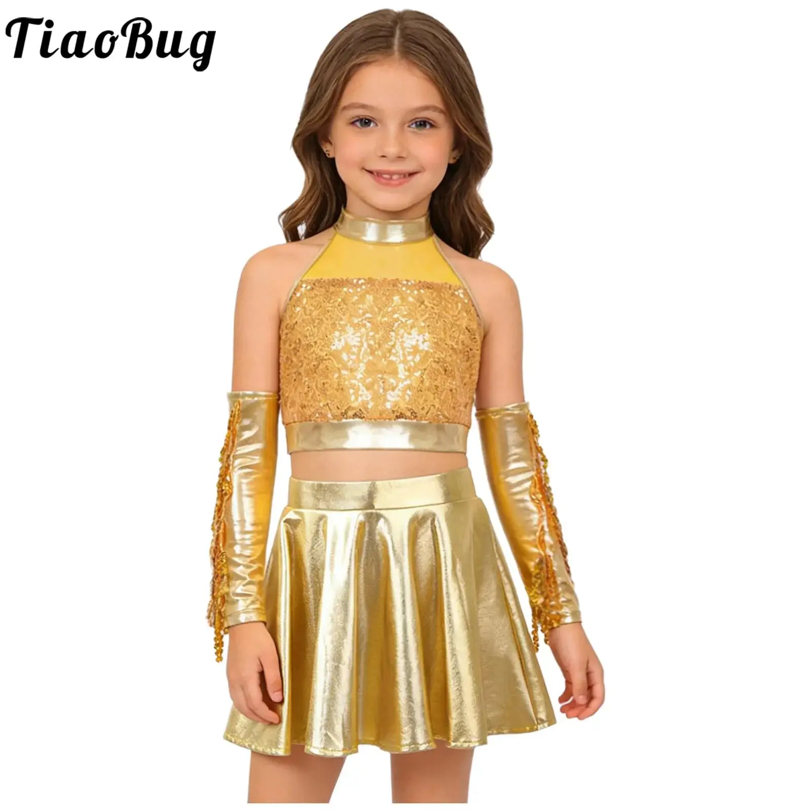 

Kids Girls Sparkly Sequins Jazz Latin Dance Performance Outfit Sleeveless Crop Top with Metallic Skirt Sequined Tassels Gloves