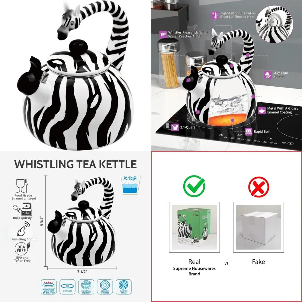 

Enamel Steel Whistling Tea Kettle, Zebra Patterned Teapot, Cute Kitchen Essential, Supreme Quality Water Kettle for Stove Top Bo