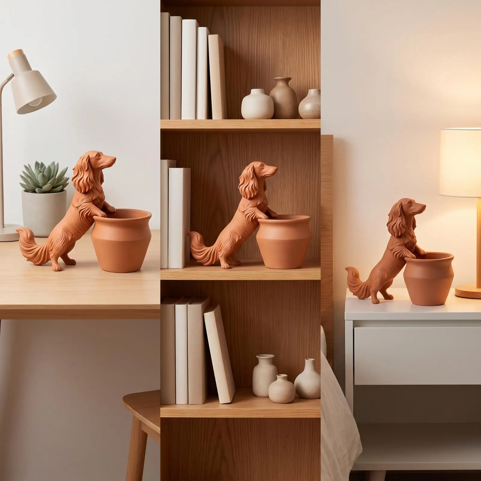 Playful Wiener Dog Pot Planter Holder with Round Top Opening Sturdy PET Build for Tabletop Office Decoration and Mini Plant