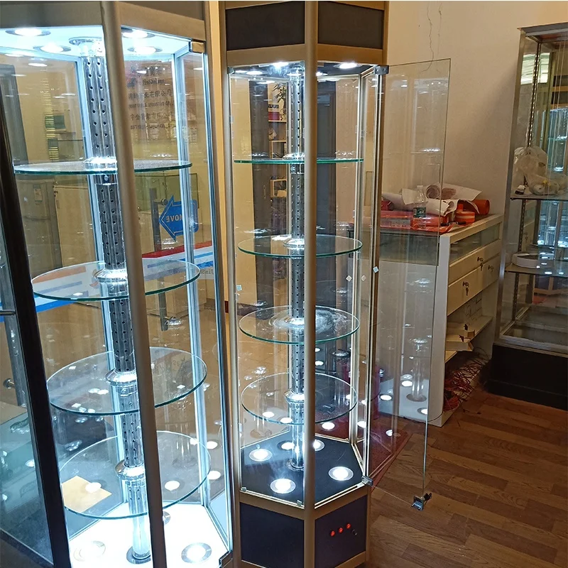 custom.Hexagonal Rotating Jewelry Store Display Smoke Shop Glass Display Cases Cabinet with Glass Optical Showcase Jewelry Stand