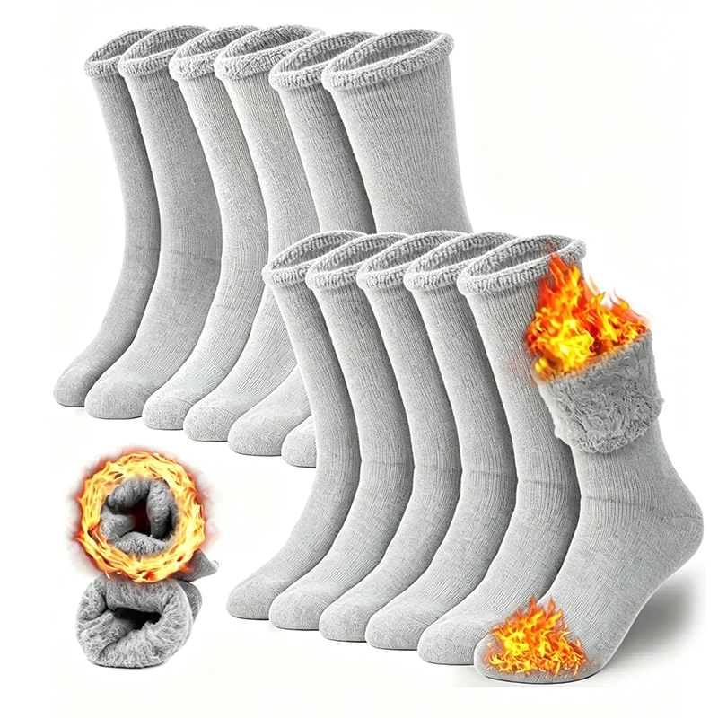 6Pairs Men Winter Thermal Socks Mid-calf Socks Super Thick Fuzzy Plush Lining Turn Over Fleece Sock Cuff Solid Color Boot Socks