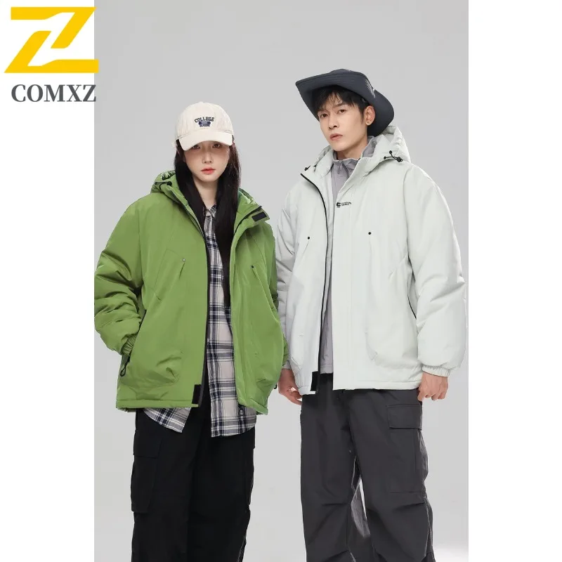 COMXZ 2025 Mens Womens Winter Mountain Waterproof Hooded Puffer Jacket Korean-Style Outdoor Sports Workwear Warm Tactics Coat