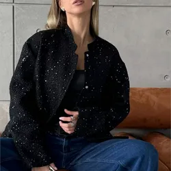 Women Fashion Shiny Sequin Bomber Jacket Y2k Gold Color Stand Collar Long Sleeve Short Coat Autumn Winter Ladies High Streetwear