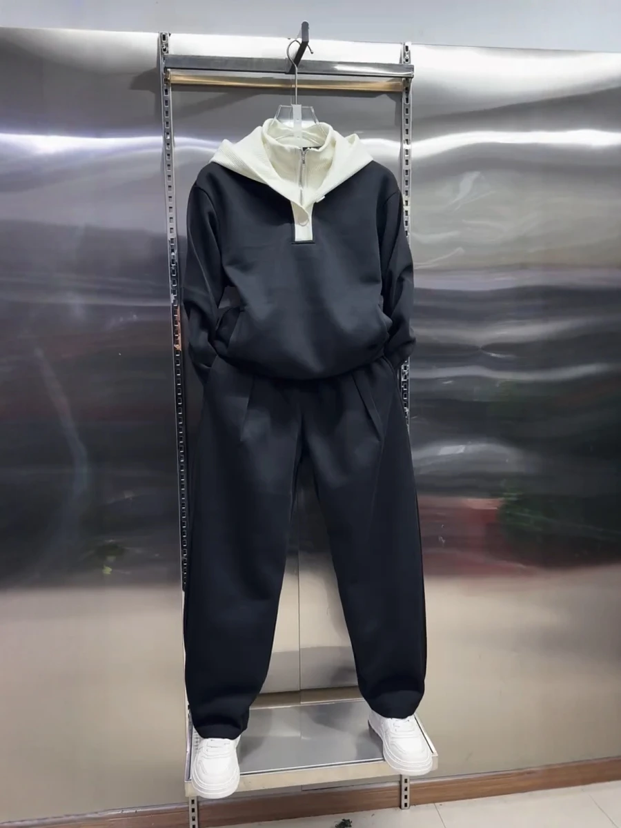 

Spring 2026 Men's Faion Trendy Set Hoodie Button Straight Leg Pants Fake Two-Piece Two-Piece Set Long Sve Long Pants Youth