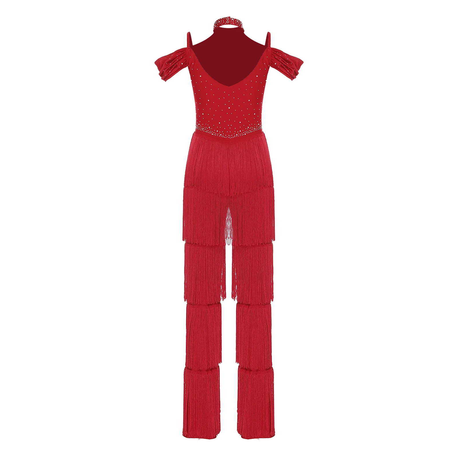 Pagliaccetti da ballo latino samba da donna con strass a strati nappa halter con spalle scoperte tuta intera per festa di ballo da sala rumba