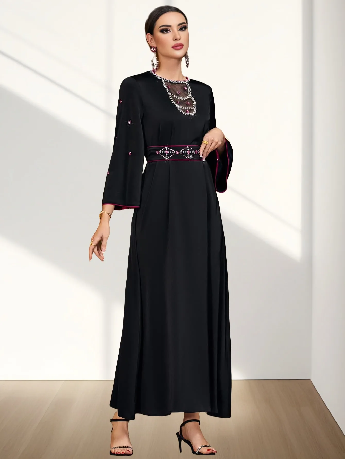 Moda eid djellaba dubai cetim malha abayas para mulheres muçulmano maxi vestido kaftan noite ramadan islam roupas caftan vestido de festa