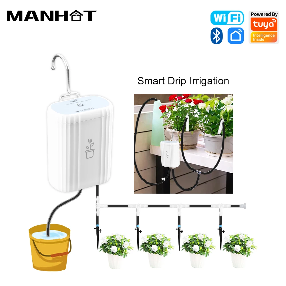 Bomba de Irrigação Inteligente WiFi MANHOT com Bateria Recarregável, Kits de Irrigação por Gotejamento, Ferramentas de Jardim para Irrigação por Gotejamento Inteligente